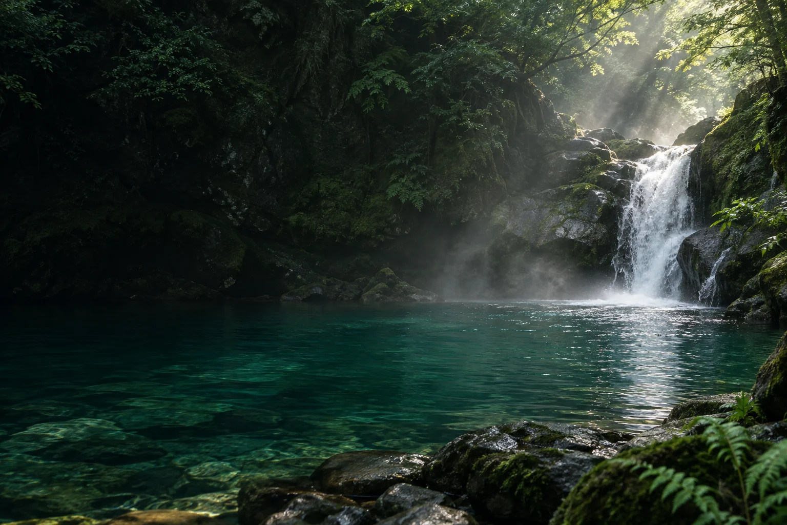 A quiet forest pool with moss-covered rocks and a gentle waterfall